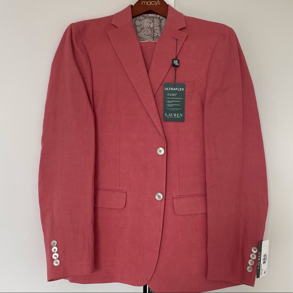 NWT Lauren by Ralph Lauren 100% linen suit in darker salmon color size 39Regular